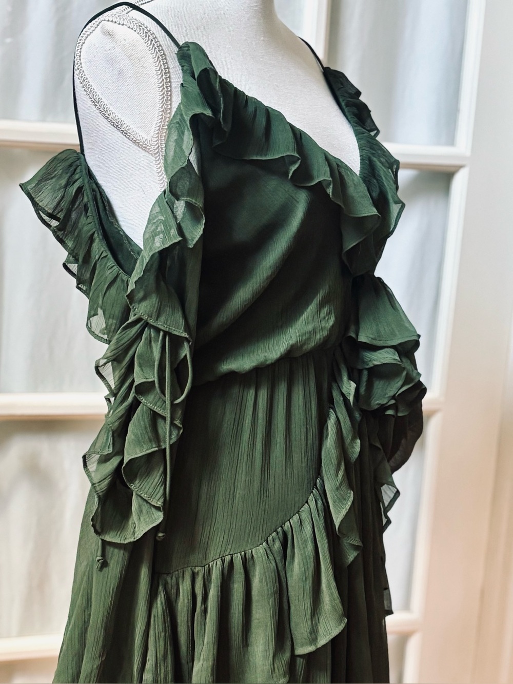 Rachel Zoe Olive Green Ruffle Chiffon Mini Dress Open Back Small
